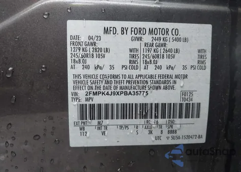 2023 Ford Edge Sel из США, поврежденный, VIN 2FMPK4J9XPBA35775